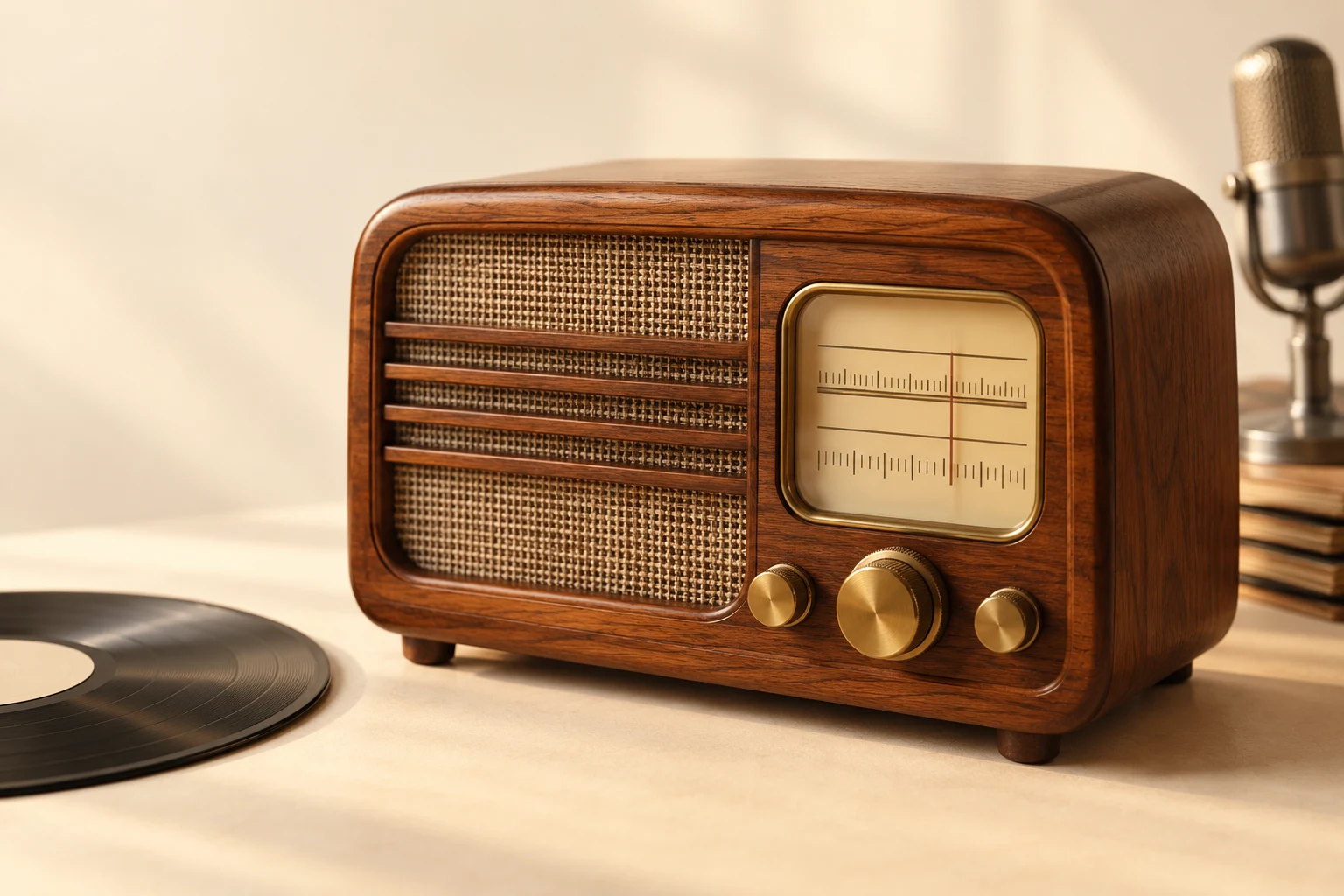 An illustrated listening corner with a vintage wooden radio, a vinyl record and a microphone